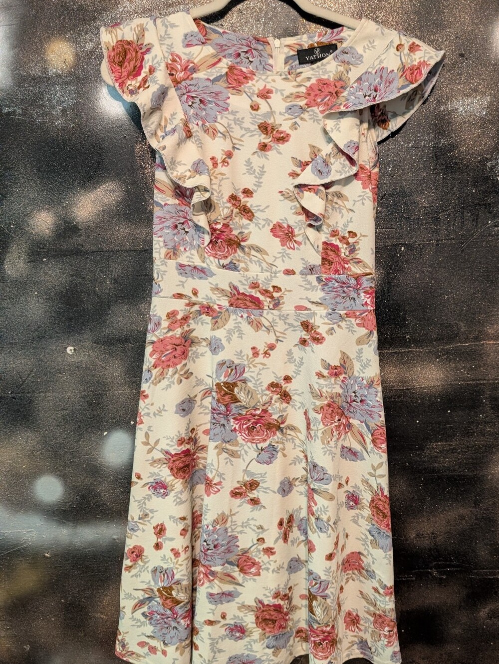 Floral Ruffle Midi Dress - Cream with Pink & Lavender Flowers